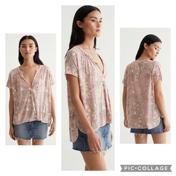 🍀LUCKY BRAND Women’s Pink Jersey Floral Slit Front SANDWASH Printed Top Size M - Picture 1 of 8